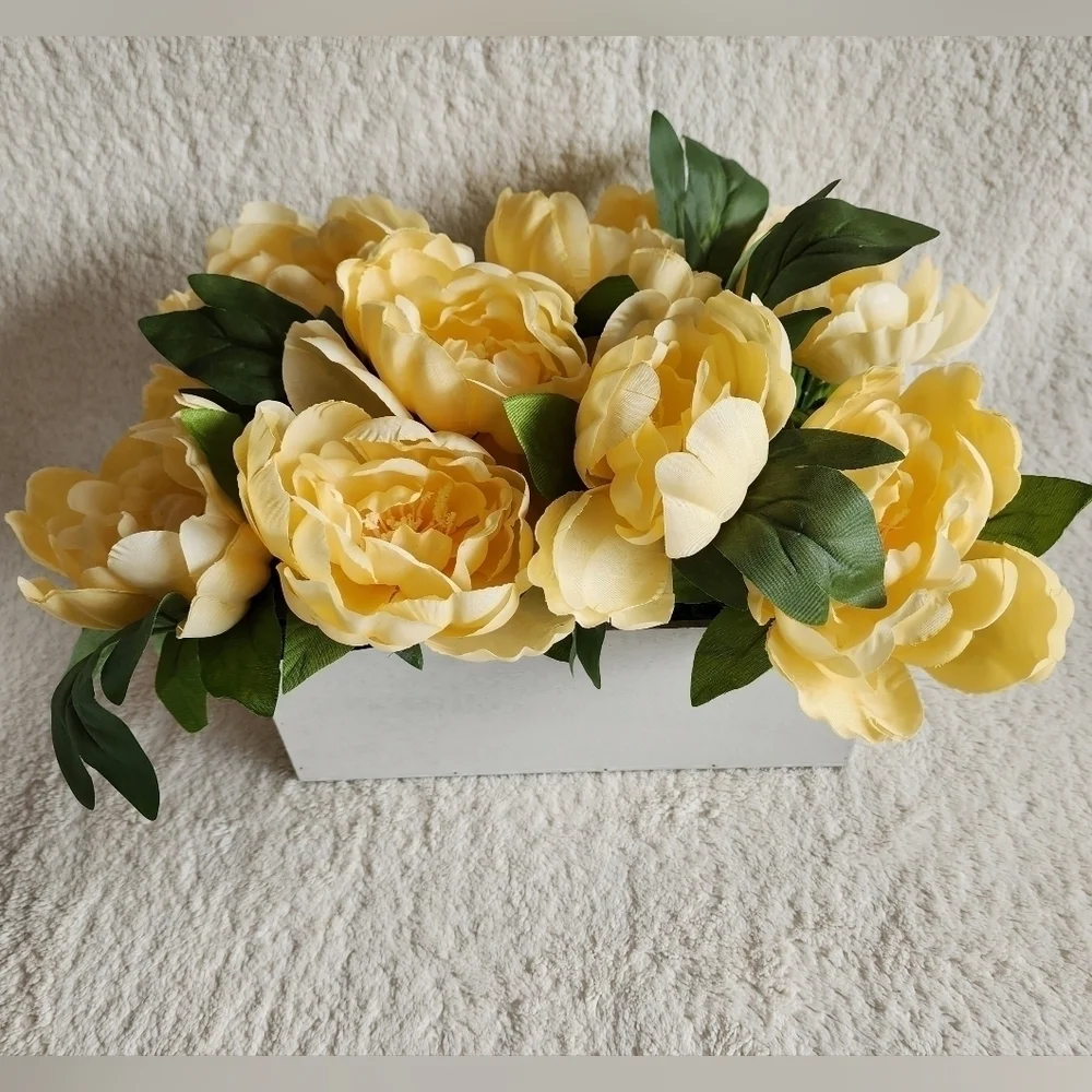 New Yellow or White Peony Arrangement in a wooden box / centerpiece/ home decor